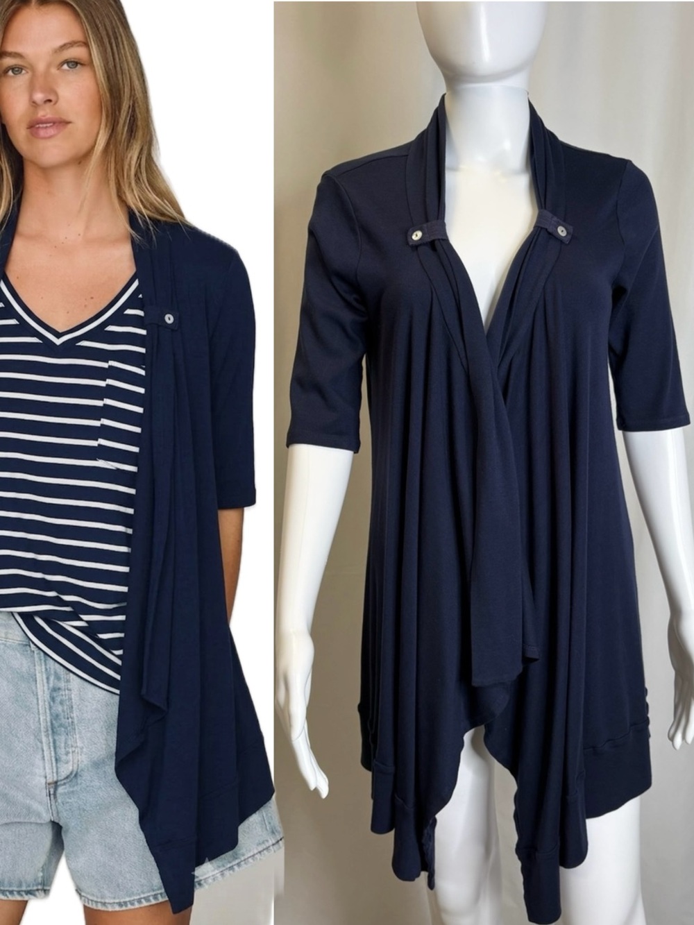 Splendid Draped Knit Open Cardigan Women Size Large Navy 1/2 Sleeve Cotton Modal